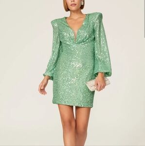 Ieena Mac Duggal Sequin Light Green Cocktail Dress Blouson Sleeve Size 2